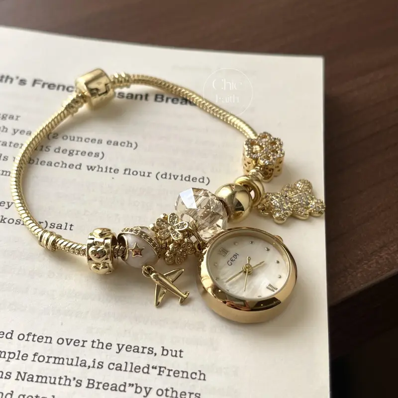 Dainty Gold Charm Bracelet Watch Unique Beads Gold Women's Watch