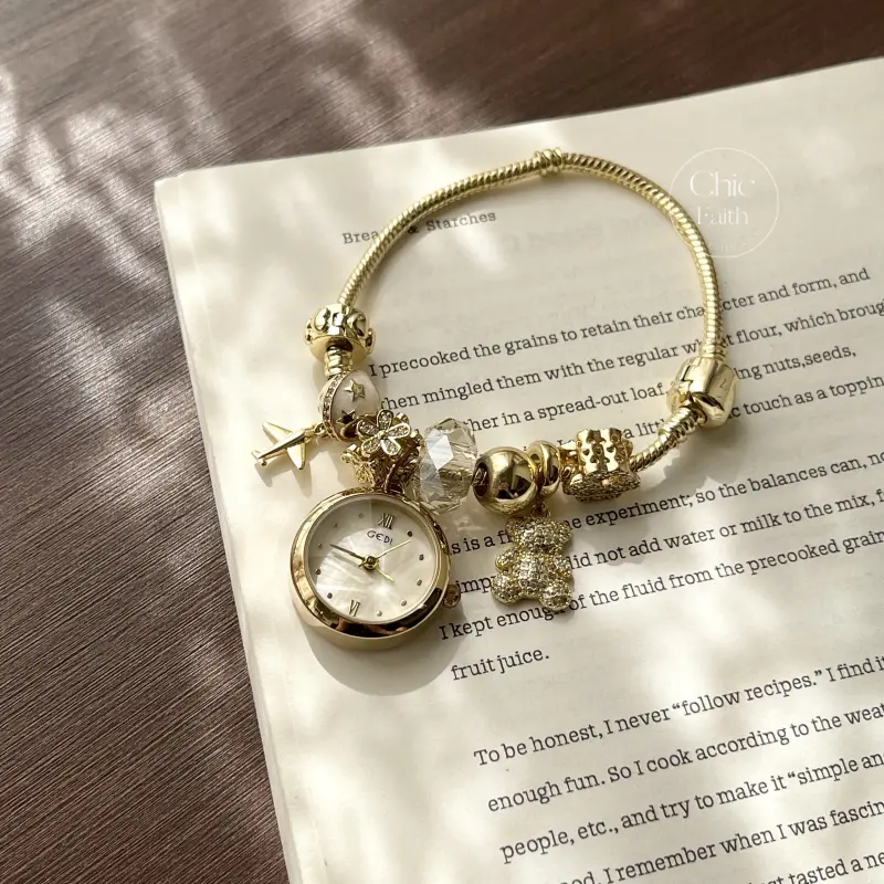 Dainty Gold Charm Bracelet Watch Unique Beads Gold Women's Watch