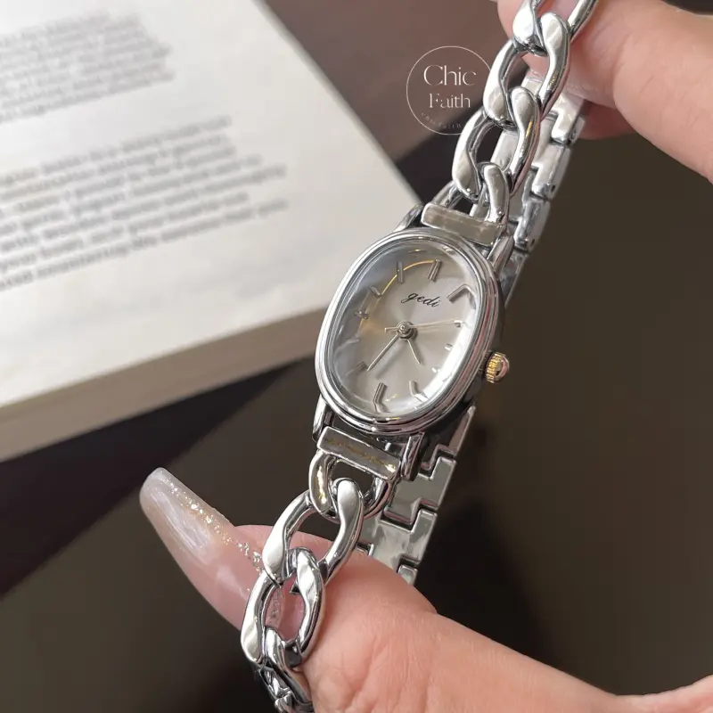 Minimalist Oval Face Silver Watch Sleek Silver Bracelet Ladies Watch