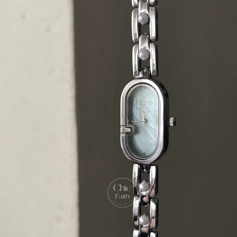 Elegant Oval Face Silver Bracelet Watch Blue Mother of Pearl Dial Watch for Women