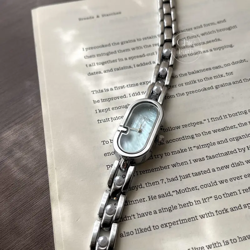 Elegant Oval Face Silver Bracelet Watch Blue Mother of Pearl Dial Watch for Women