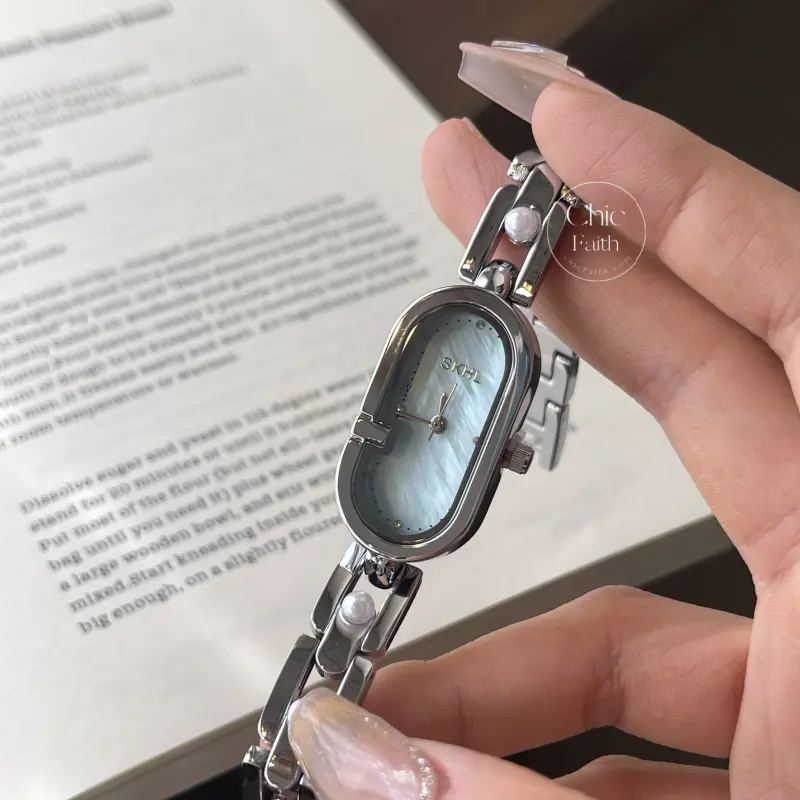 Elegant Oval Face Silver Bracelet Watch Blue Mother of Pearl Dial Watch for Women