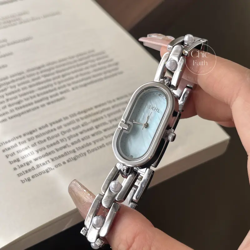 Elegant Oval Face Silver Bracelet Watch Blue Mother of Pearl Dial Watch for Women