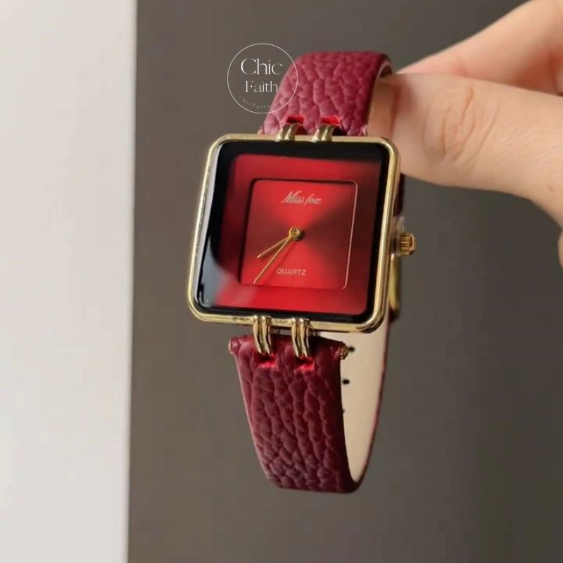 Chic Retro Red Women's Watch Statement Style Big Square Dial Ladies Watch