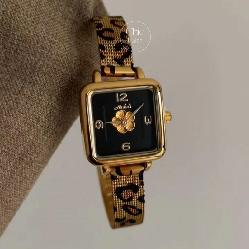 Trendy Black Square Dial Floral Watch Leopard Strap Watch for Women