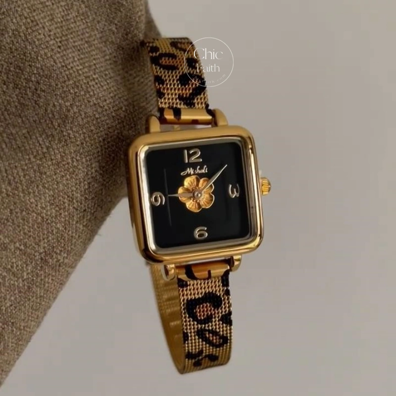 Trendy Black Square Dial Floral Watch Leopard Strap Watch for Women