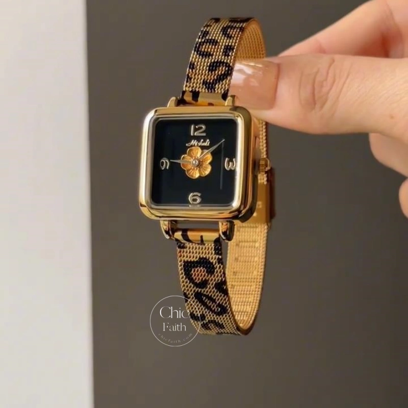 Trendy Black Square Dial Floral Watch Leopard Strap Watch for Women
