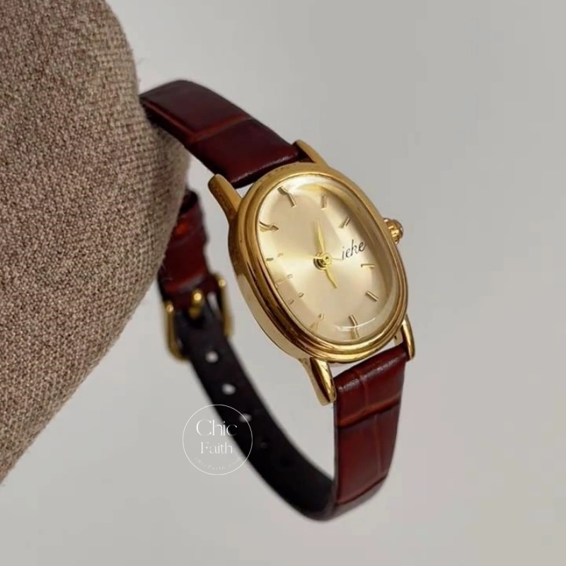 Classic Gold Oval Watch for Women Elegant Brown Strap Laides Watch