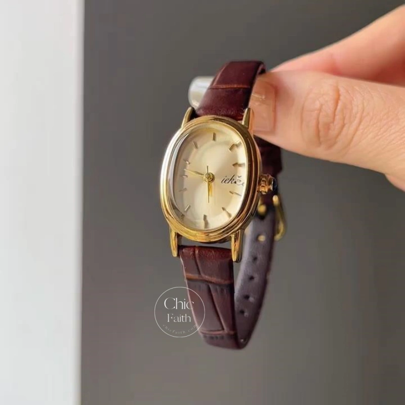 Classic Gold Oval Watch for Women Elegant Brown Strap Laides Watch