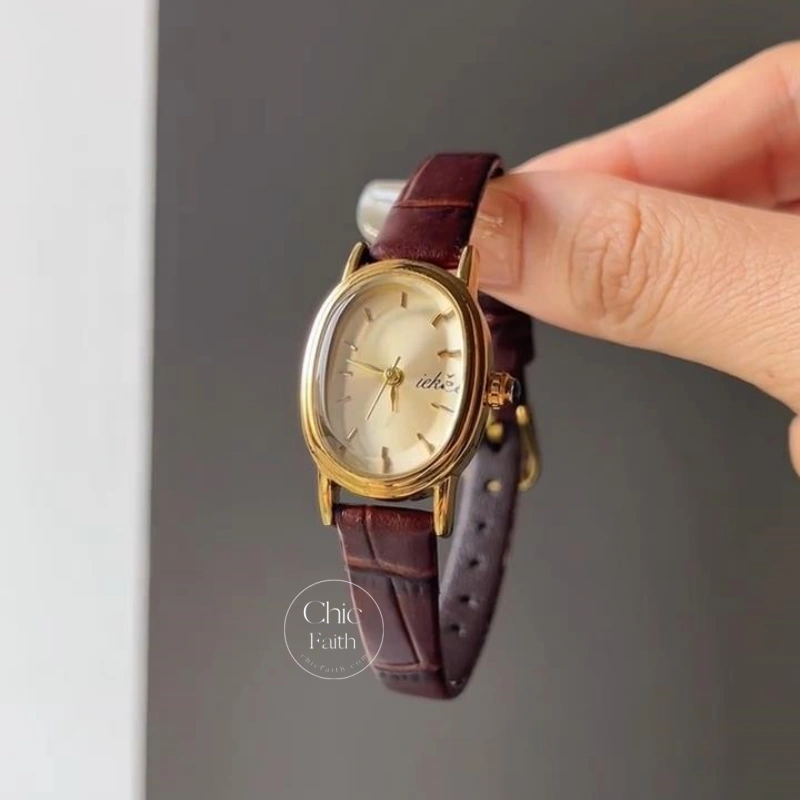 Classic Gold Oval Watch for Women Elegant Brown Strap Laides Watch