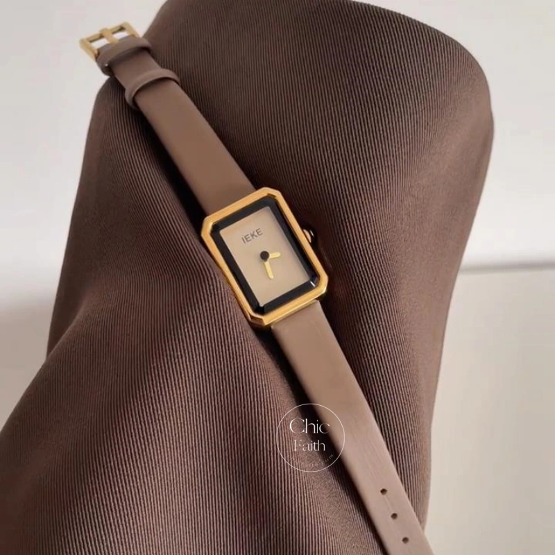 Minimalist Beige Rectangle Dial Women's Watch Chic Brown Leather Band Watch