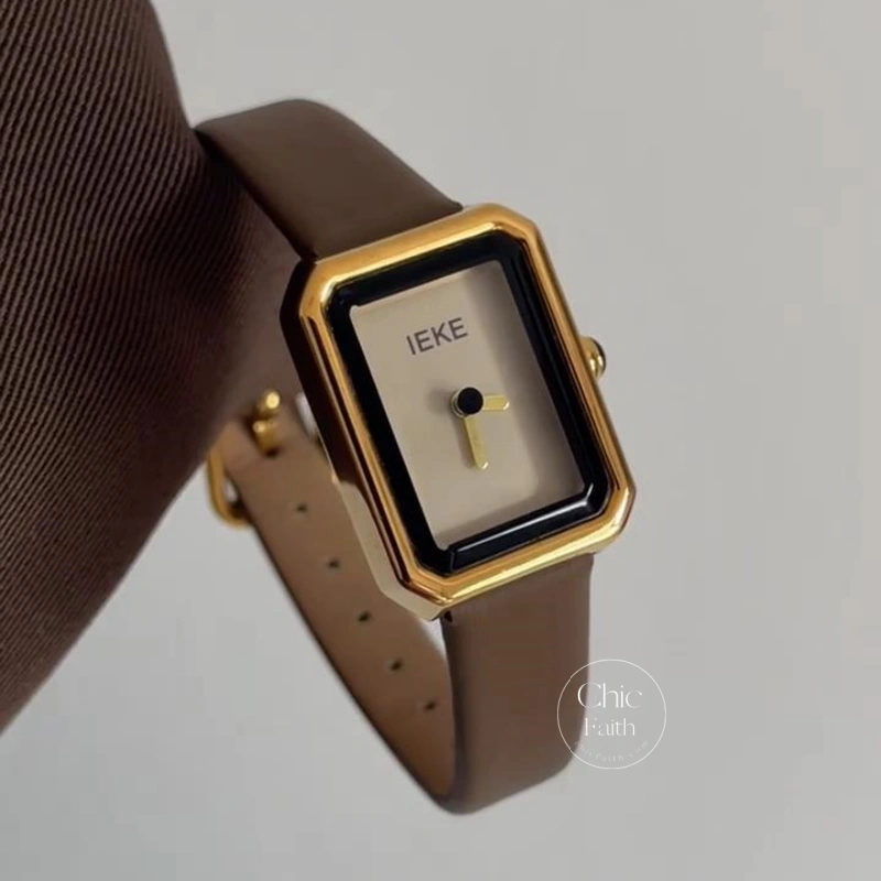 Minimalist Beige Rectangle Dial Women's Watch Chic Brown Leather Band Watch
