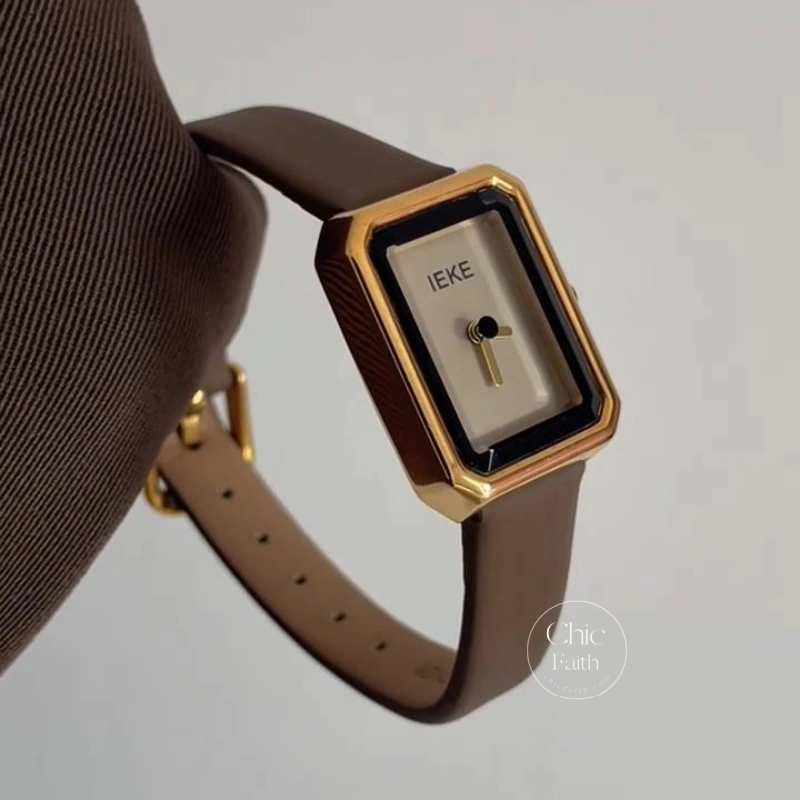 Minimalist Beige Rectangle Dial Women's Watch Chic Brown Leather Band Watch