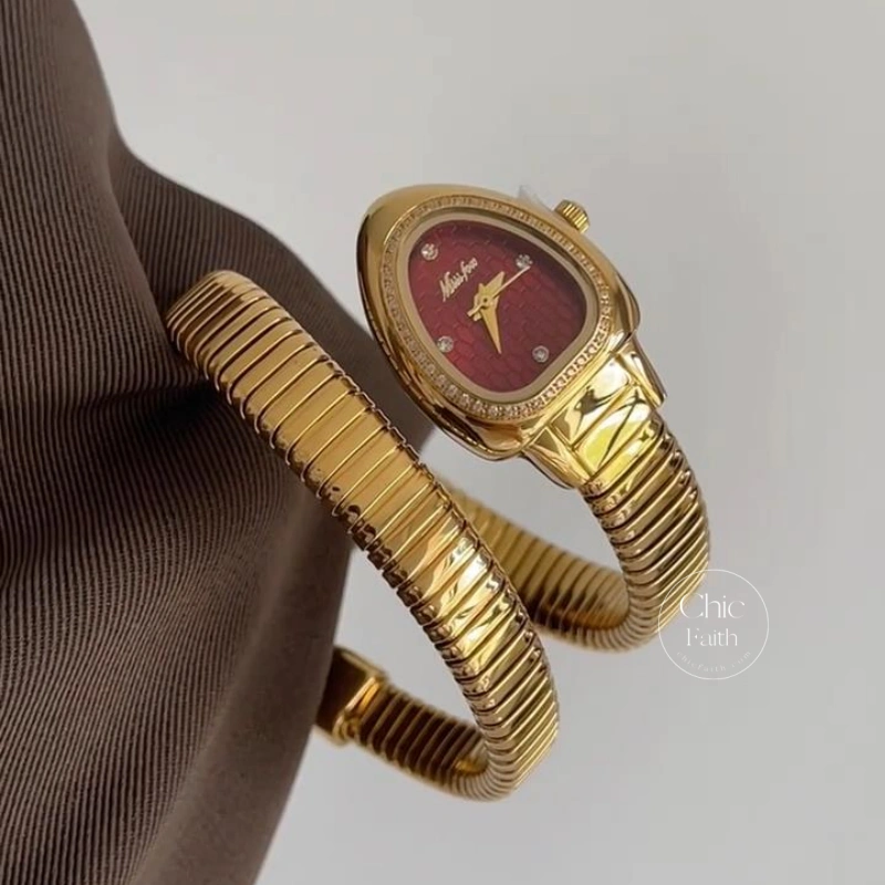 Vintage-Inspired Gold Snake Shape Red Dial Watch for Women