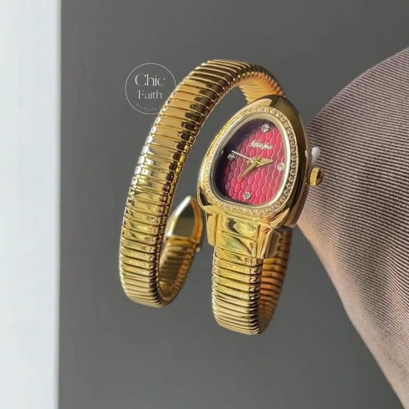 Vintage-Inspired Gold Snake Shape Red Dial Watch for Women