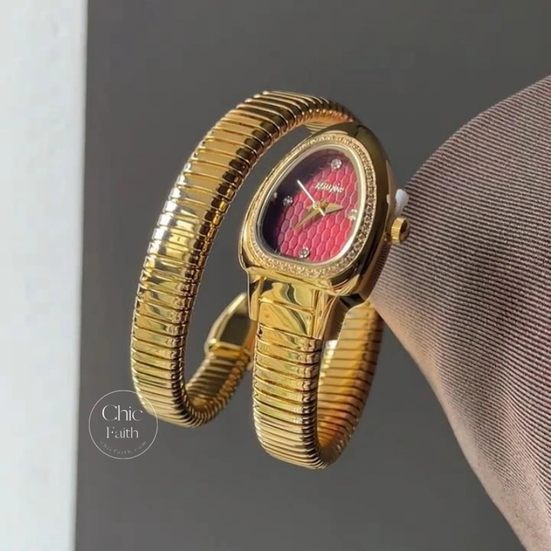 Vintage-Inspired Gold Snake Shape Red Dial Watch for Women