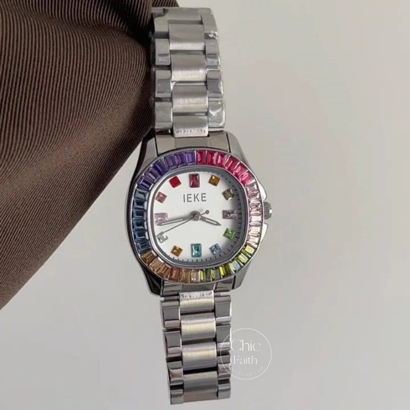 Handmade Rainbow Cubic Zirconia Trim Watch for Women Statement Style Colorful Women's Watch