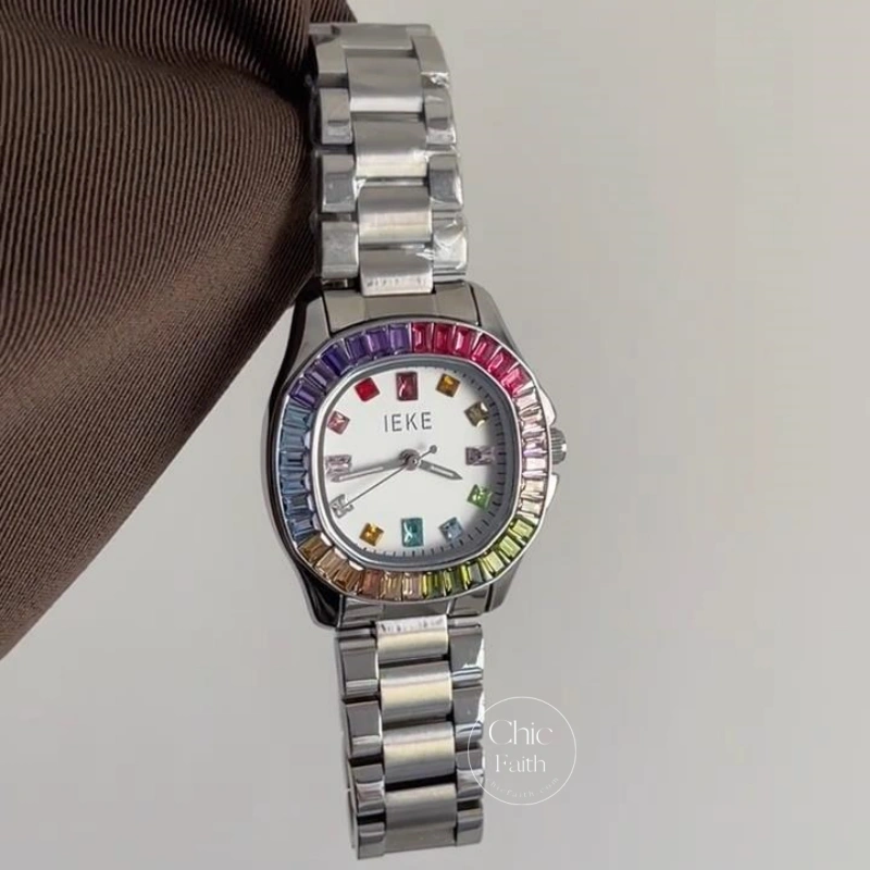 Handmade Rainbow Cubic Zirconia Trim Watch for Women Statement Style Colorful Women's Watch