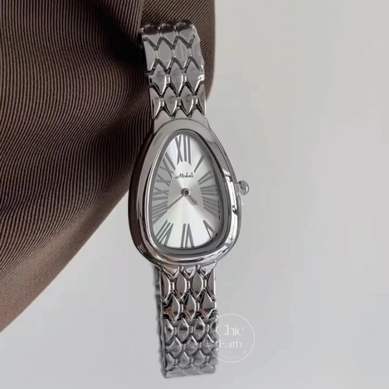 Elegant Snake Head Shape Watch for Women Silver Stainless Steel Bracelet Ladies Watch