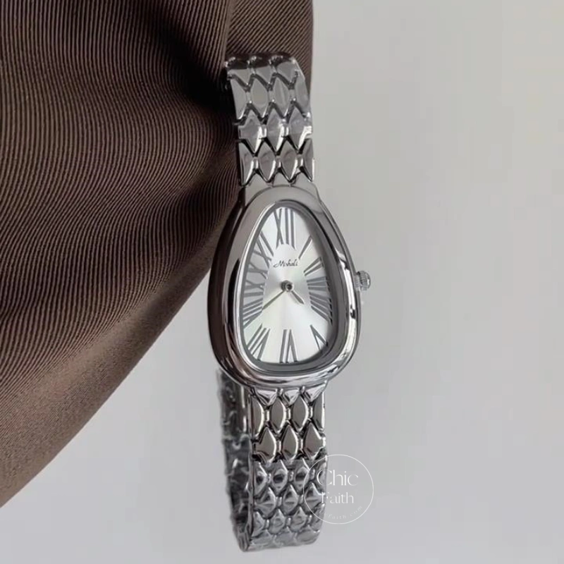 Elegant Snake Head Shape Watch for Women Silver Stainless Steel Bracelet Ladies Watch