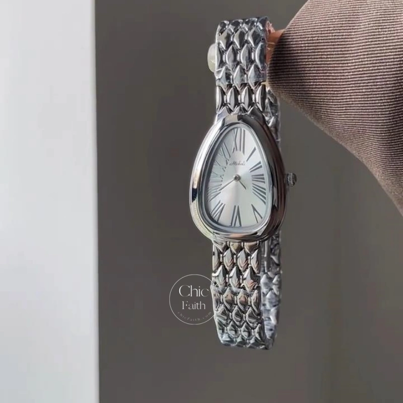 Elegant Snake Head Shape Watch for Women Silver Stainless Steel Bracelet Ladies Watch