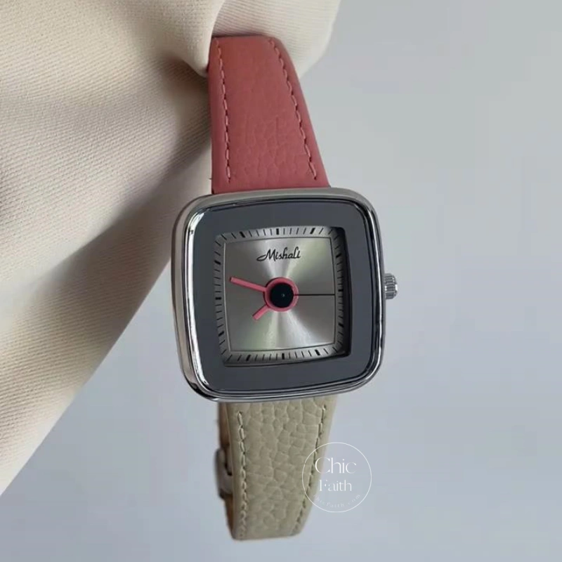 Trendy Pink-Beige Leather Strap Ladies Watch Minimalist Square Dial Watch for Women