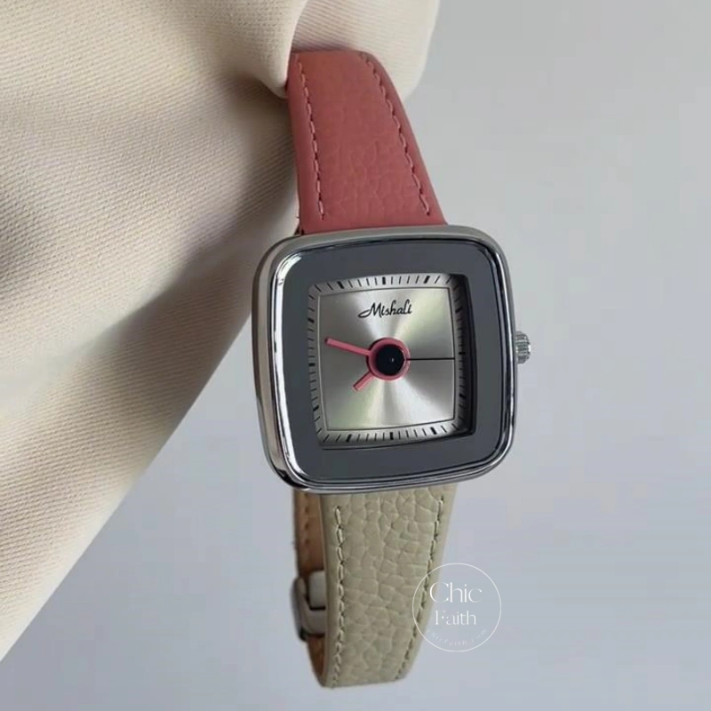 Trendy Pink-Beige Leather Strap Ladies Watch Minimalist Square Dial Watch for Women