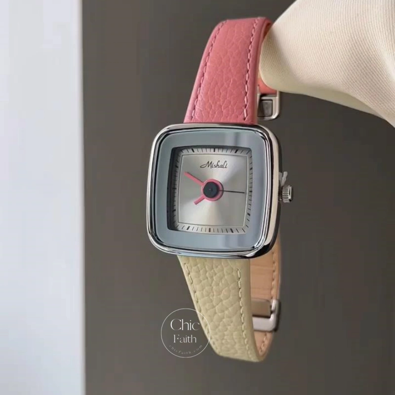 Trendy Pink-Beige Leather Strap Ladies Watch Minimalist Square Dial Watch for Women