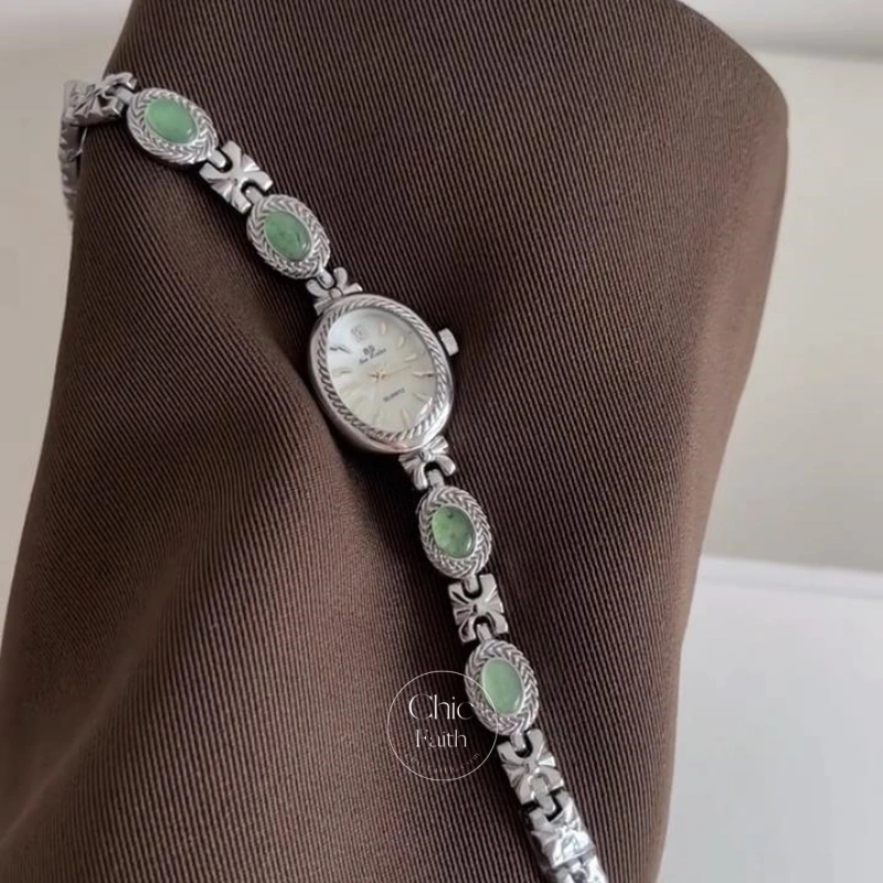 Vintage-Inspired Green Jade Stone Bracelet Watch for Women Delicate Silver Bracelet Ladies Watch