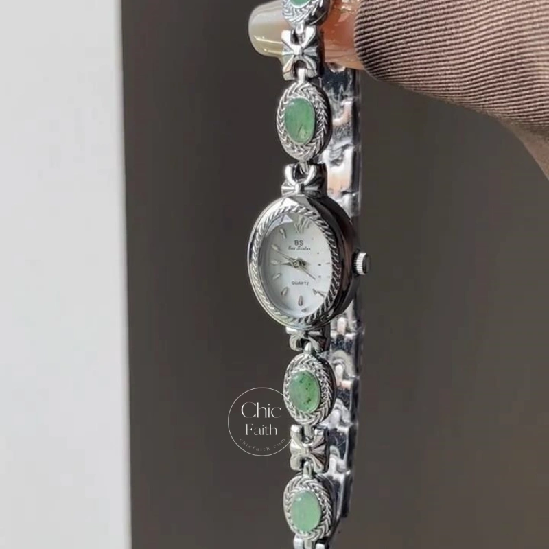 Vintage-Inspired Green Jade Stone Bracelet Watch for Women Delicate Silver Bracelet Ladies Watch