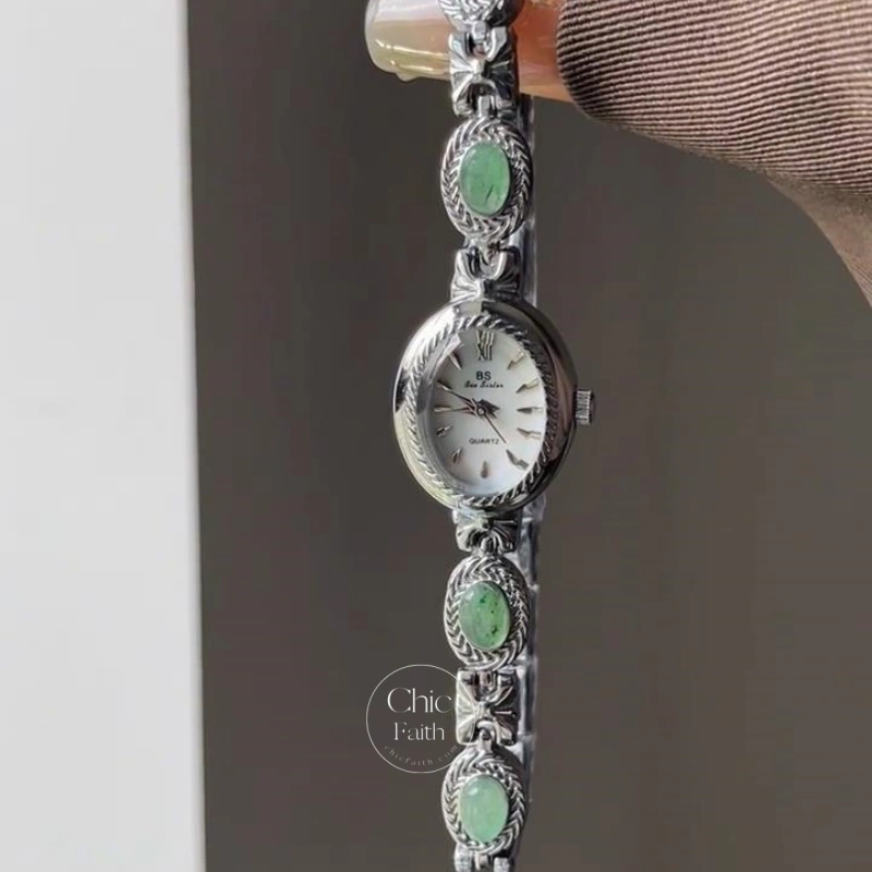 Vintage-Inspired Green Jade Stone Bracelet Watch for Women Delicate Silver Bracelet Ladies Watch
