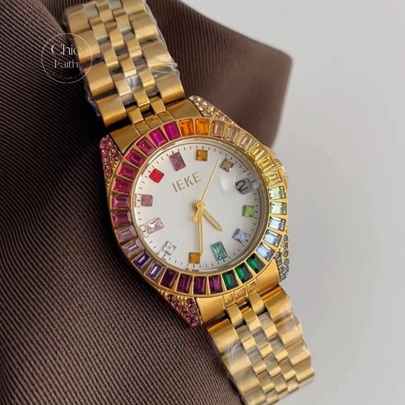 Handmade Rainbow Cubic Zirconia Trim Gold Strap Watch Statement Style Colorful Women's Watch