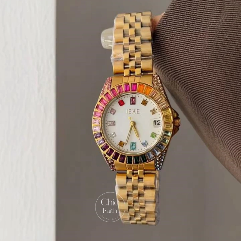 Handmade Rainbow Cubic Zirconia Trim Gold Strap Watch Statement Style Colorful Women's Watch