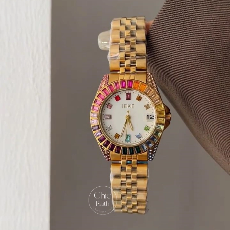 Handmade Rainbow Cubic Zirconia Trim Gold Strap Watch Statement Style Colorful Women's Watch