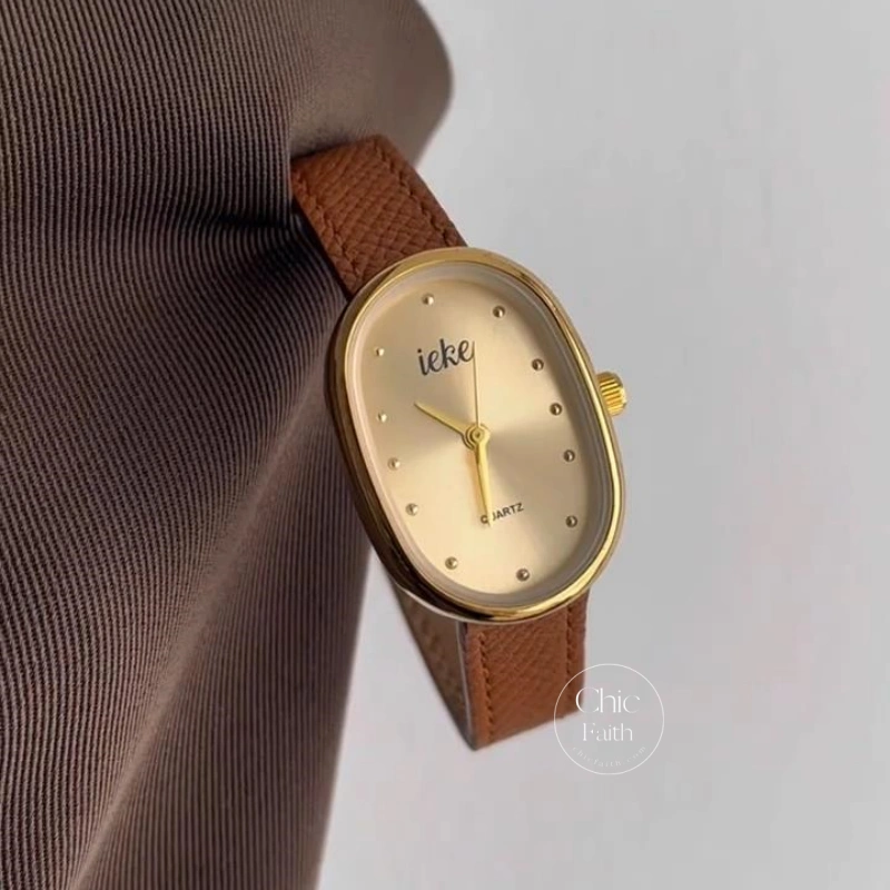 Vintage-Inspired Orange Leather Band Ladies Watch Big Oval Dial Watch for Women