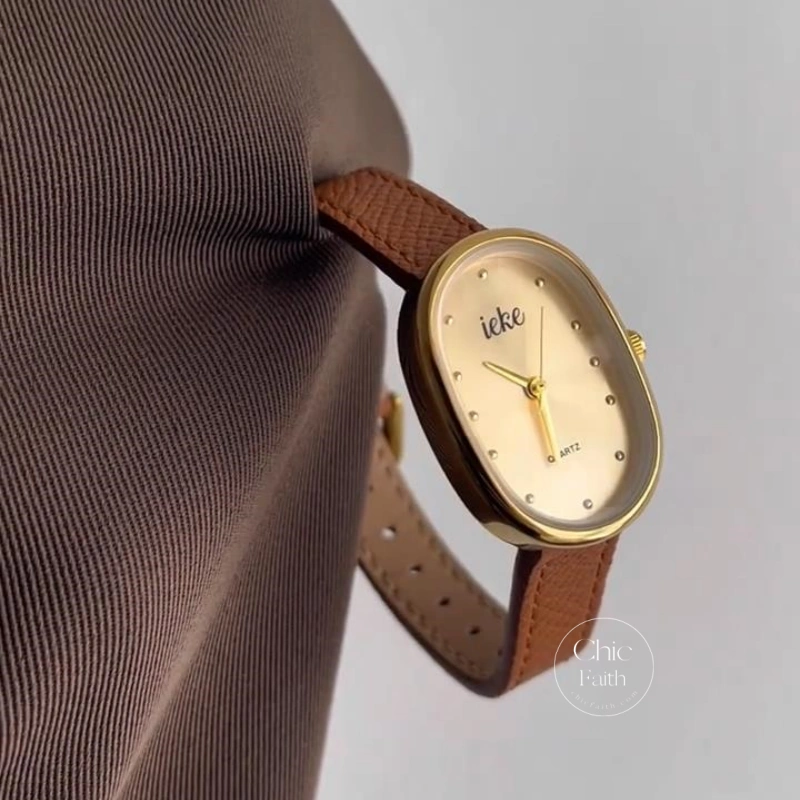 Vintage-Inspired Orange Leather Band Ladies Watch Big Oval Dial Watch for Women