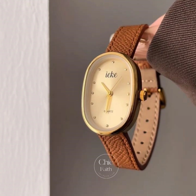 Vintage-Inspired Orange Leather Band Ladies Watch Big Oval Dial Watch for Women