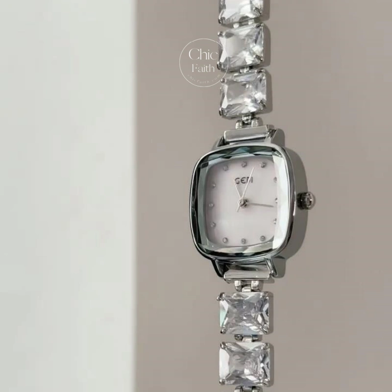 White/Blue Mother of Pearl Dial Watch for Women Sparkling Silver Crystal Bracelet Square Face Watch
