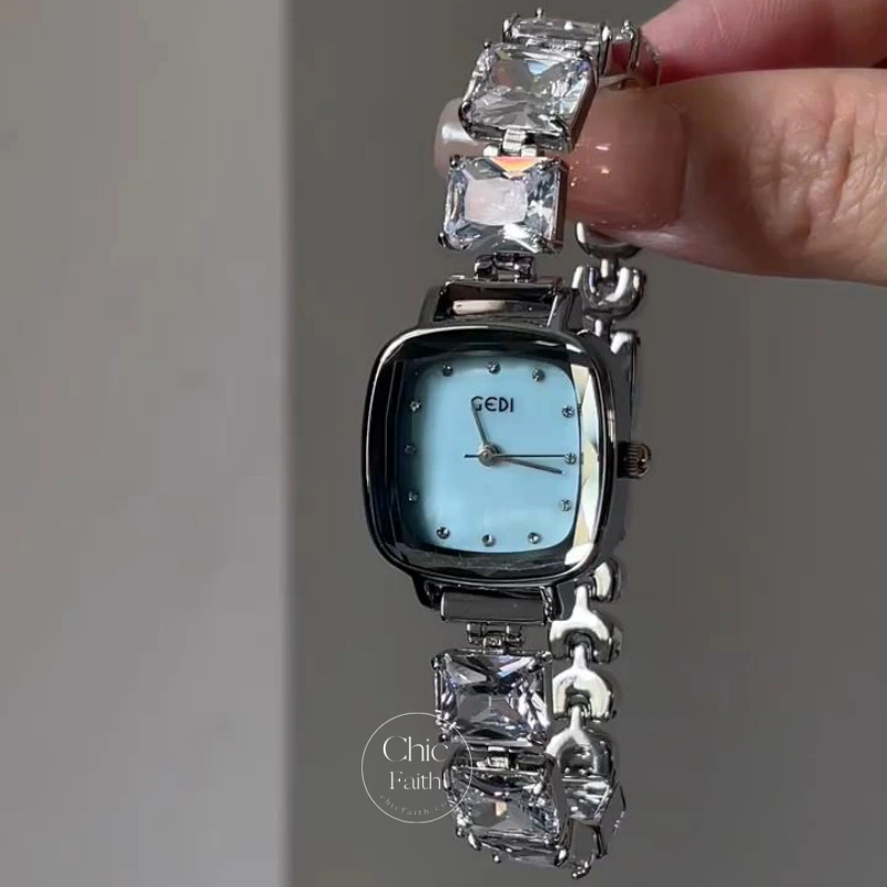 White/Blue Mother of Pearl Dial Watch for Women Sparkling Silver Crystal Bracelet Square Face Watch
