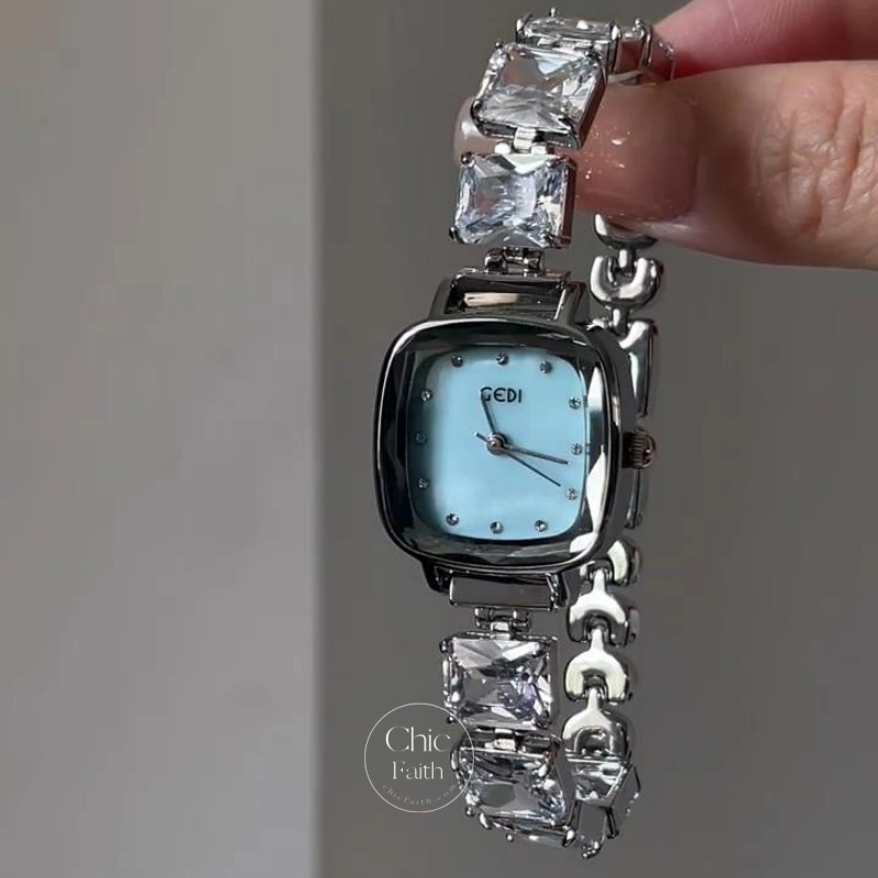 White/Blue Mother of Pearl Dial Watch for Women Sparkling Silver Crystal Bracelet Square Face Watch