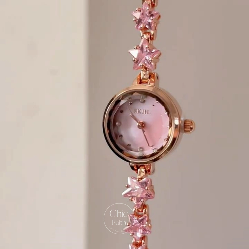 White/Pink Star-Shaped Crystal Bracelet Watch for Women Dainty Mother of Pearl Round Face Watch