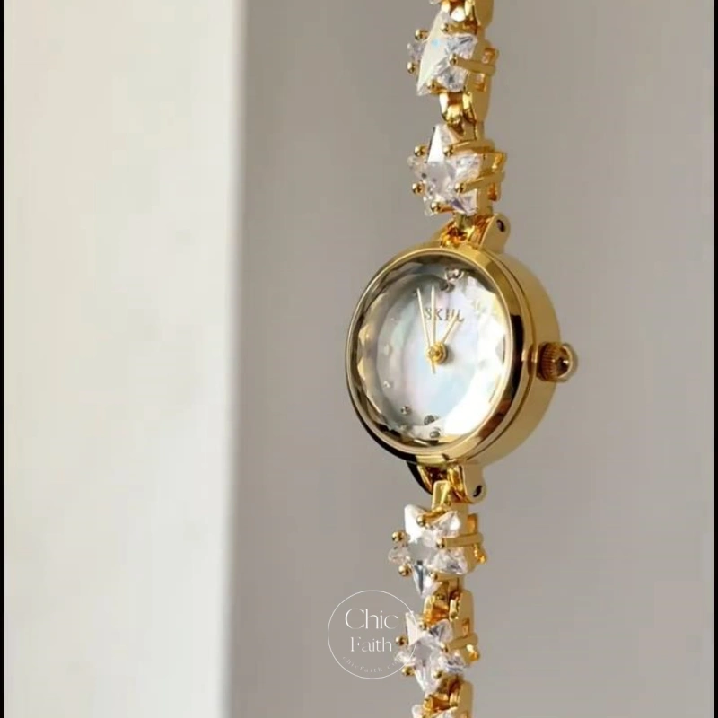 White/Pink Star-Shaped Crystal Bracelet Watch for Women Dainty Mother of Pearl Round Face Watch