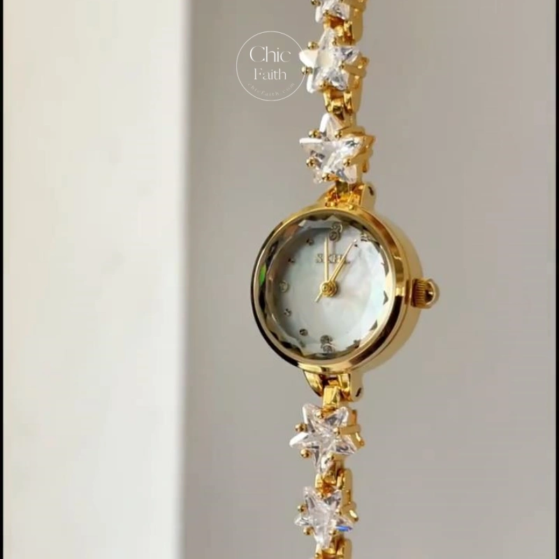 White/Pink Star-Shaped Crystal Bracelet Watch for Women Dainty Mother of Pearl Round Face Watch