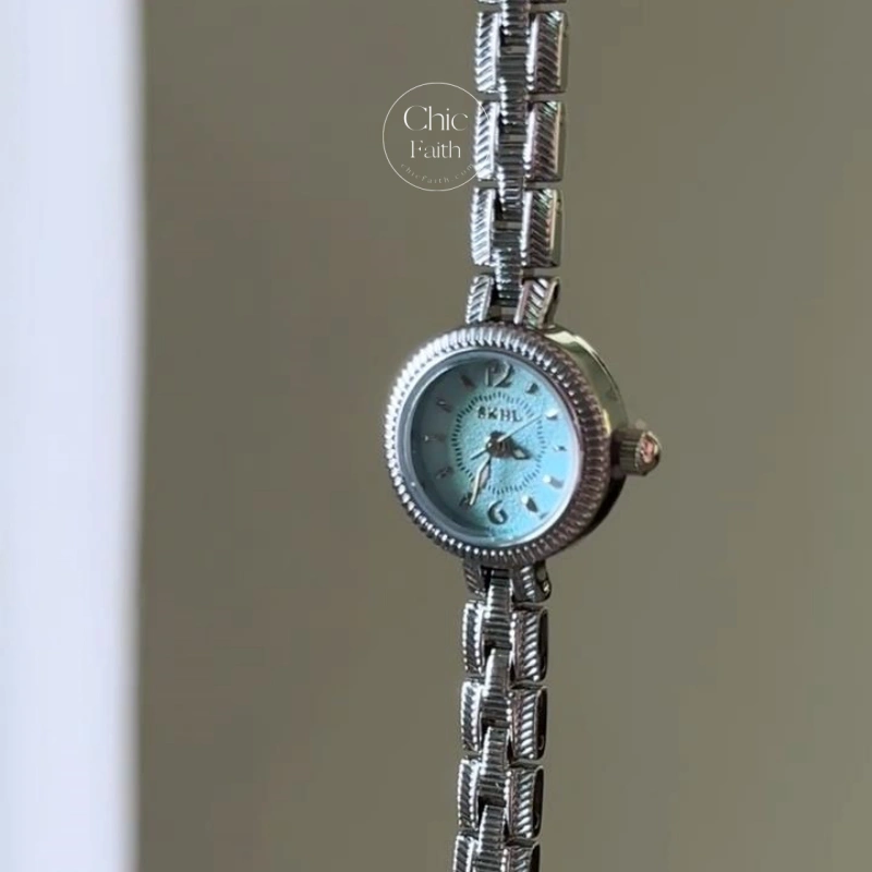 Classic Small Face Pink/Blue Dial Watch for Petite Wrist Silver Bracelet Watch for Women