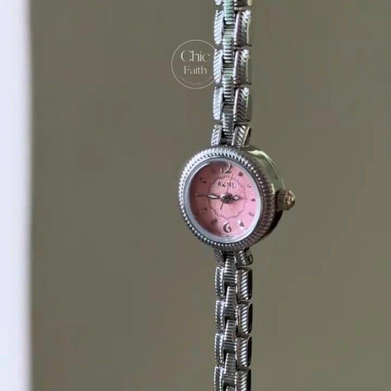Classic Small Face Pink/Blue Dial Watch for Petite Wrist Silver Bracelet Watch for Women