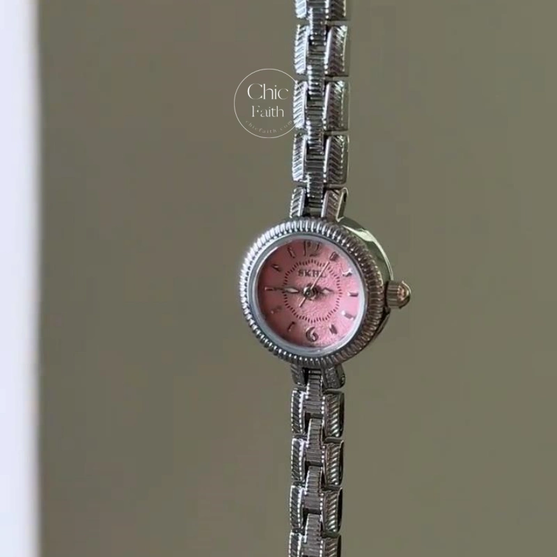 Classic Small Face Pink/Blue Dial Watch for Petite Wrist Silver Bracelet Watch for Women