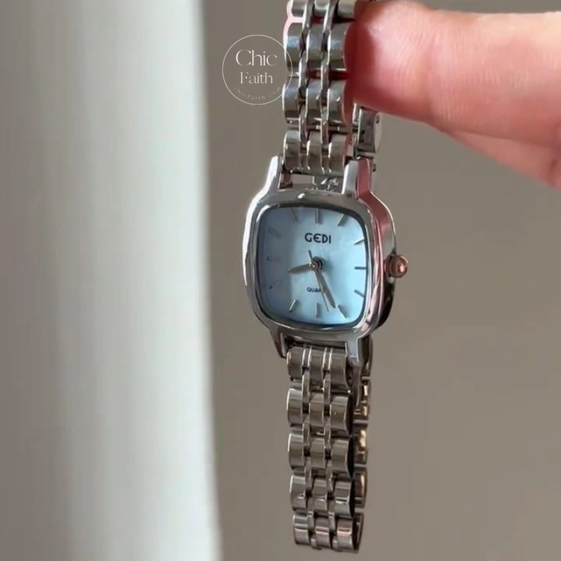 Minimalist Square Green/Blue Dial Watch for Women Classic Modern Silver Bracelet Ladies Watch