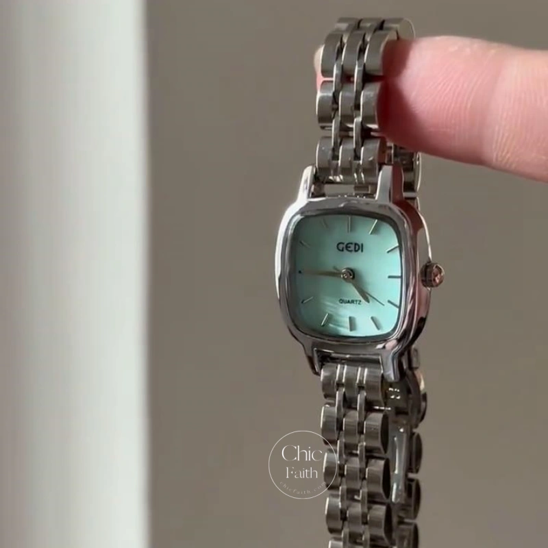 Minimalist Square Green/Blue Dial Watch for Women Classic Modern Silver Bracelet Ladies Watch