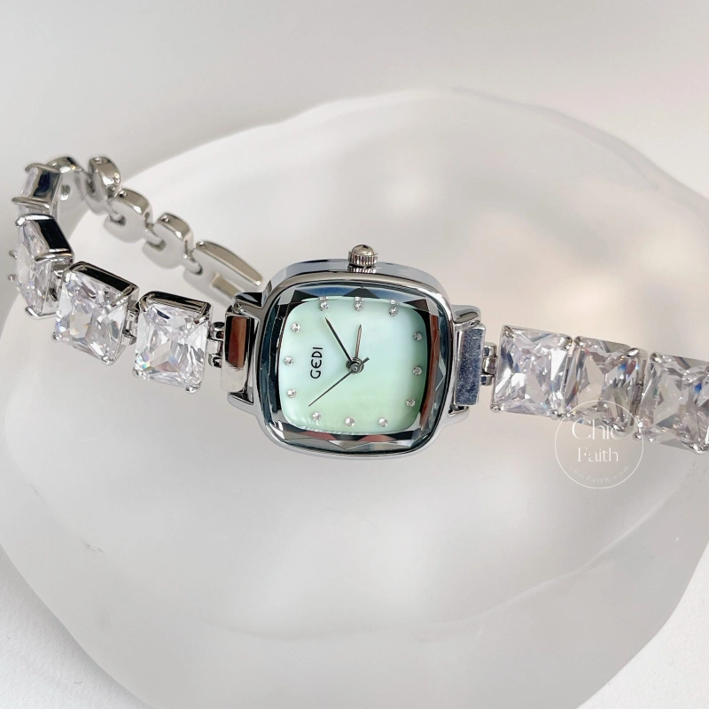 Mint Green Mother of Pearl Dial Watch for Women Silver Square Crystal Bracelet Ladies Watch