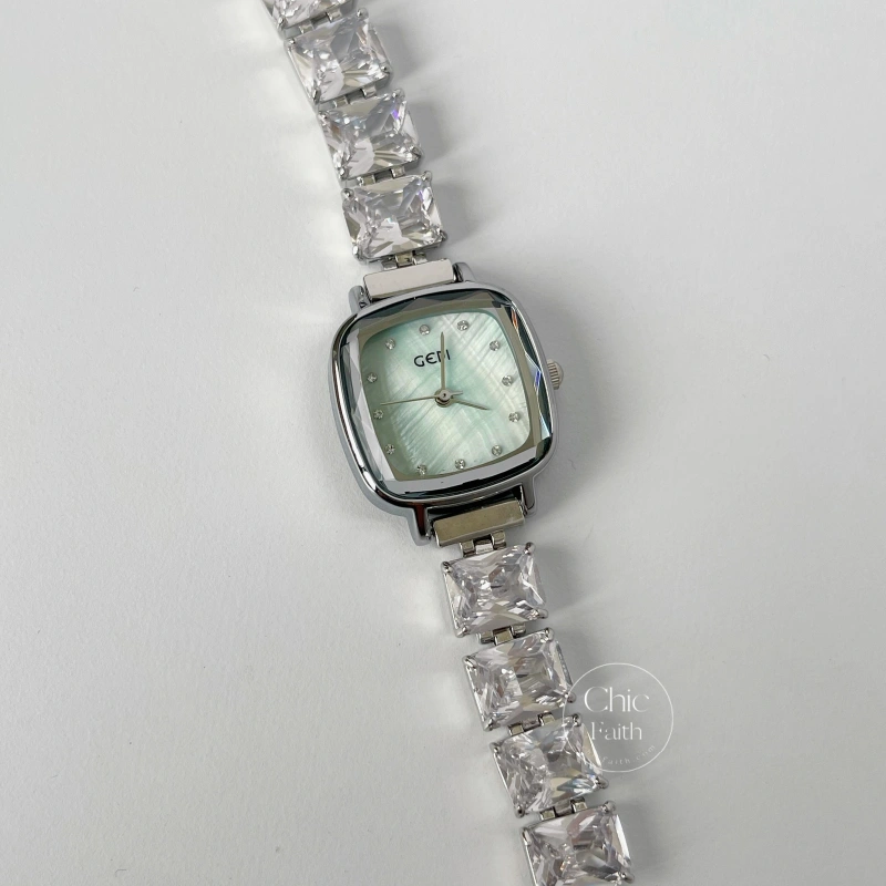Mint Green Mother of Pearl Dial Watch for Women Silver Square Crystal Bracelet Ladies Watch